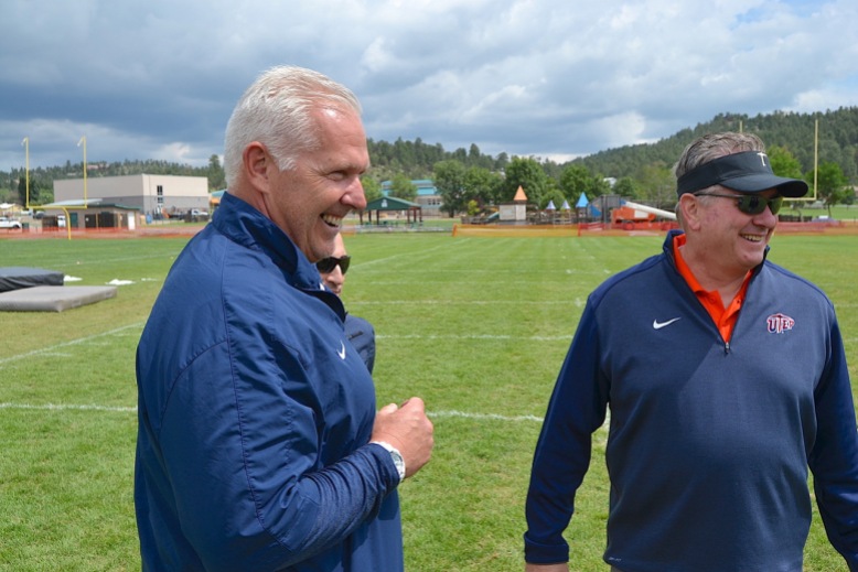 With a new head football coach Dana Dimel (L) and a new athletic director Jim Senter, UTEP fans can expect some changes. Start with the shade of orange for the helmets and game uniforms.